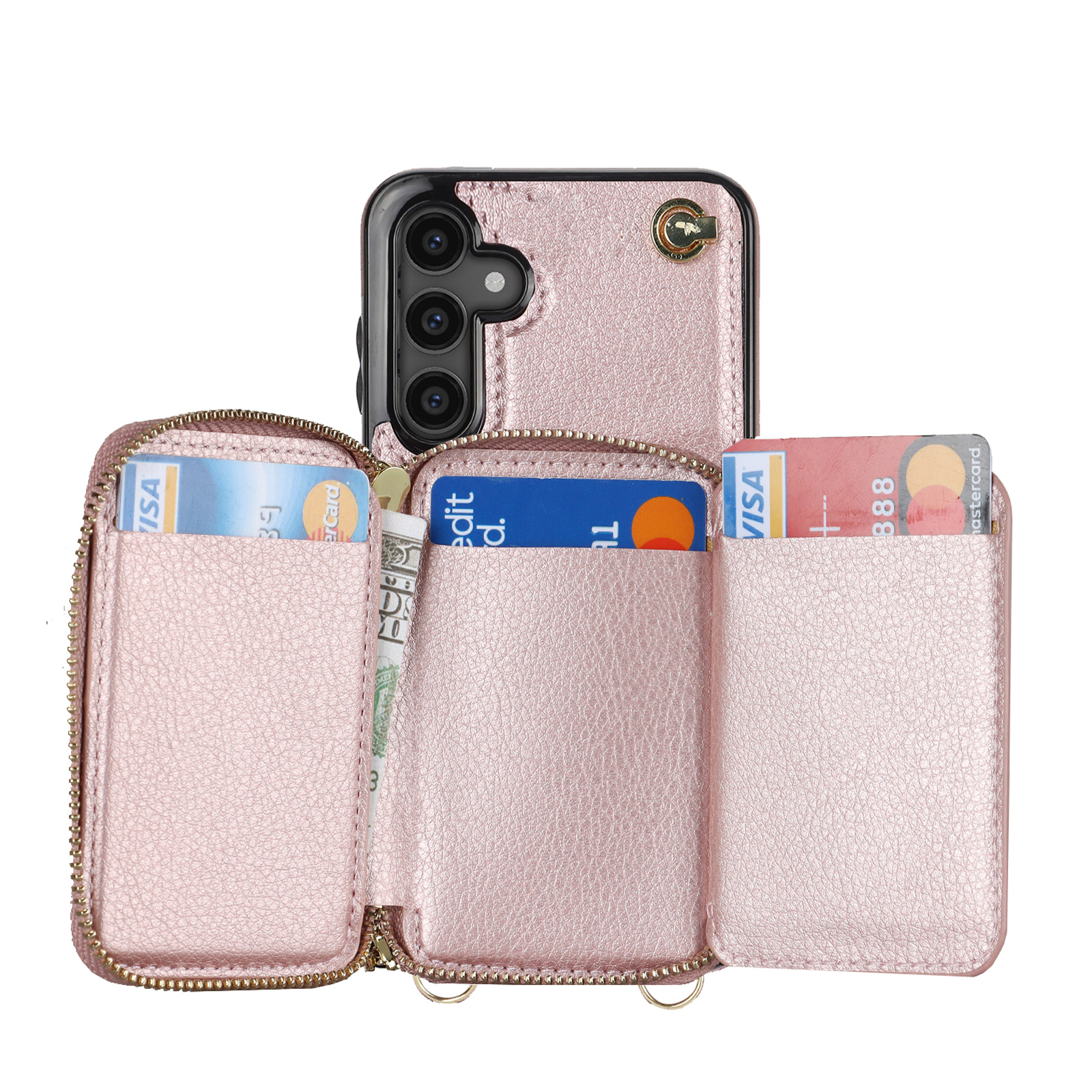 Samsung Galaxy S24 FE Necklace Leder Schutz Hülle mit Kartenfächer   Handykette (140cm) - Roségold