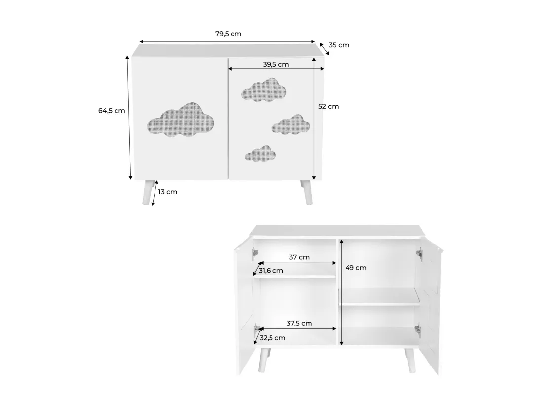 Commode enfant. blanc. 2 portes avec nuages en cannage. 2 étagères