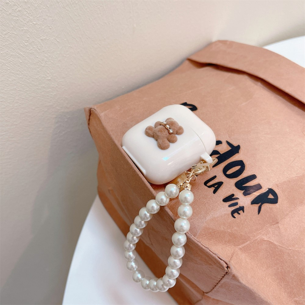 AirPods (1. & 2. Generation) Gummi Case Schutzhülle mit Handschlaufe Bären Design - Beige