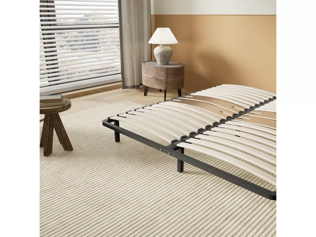 Cadre à lattes en bois 90x200 cm – cadre en acier et lattes en bois – 7 pieds hauteur 25cm – renfort lombaire