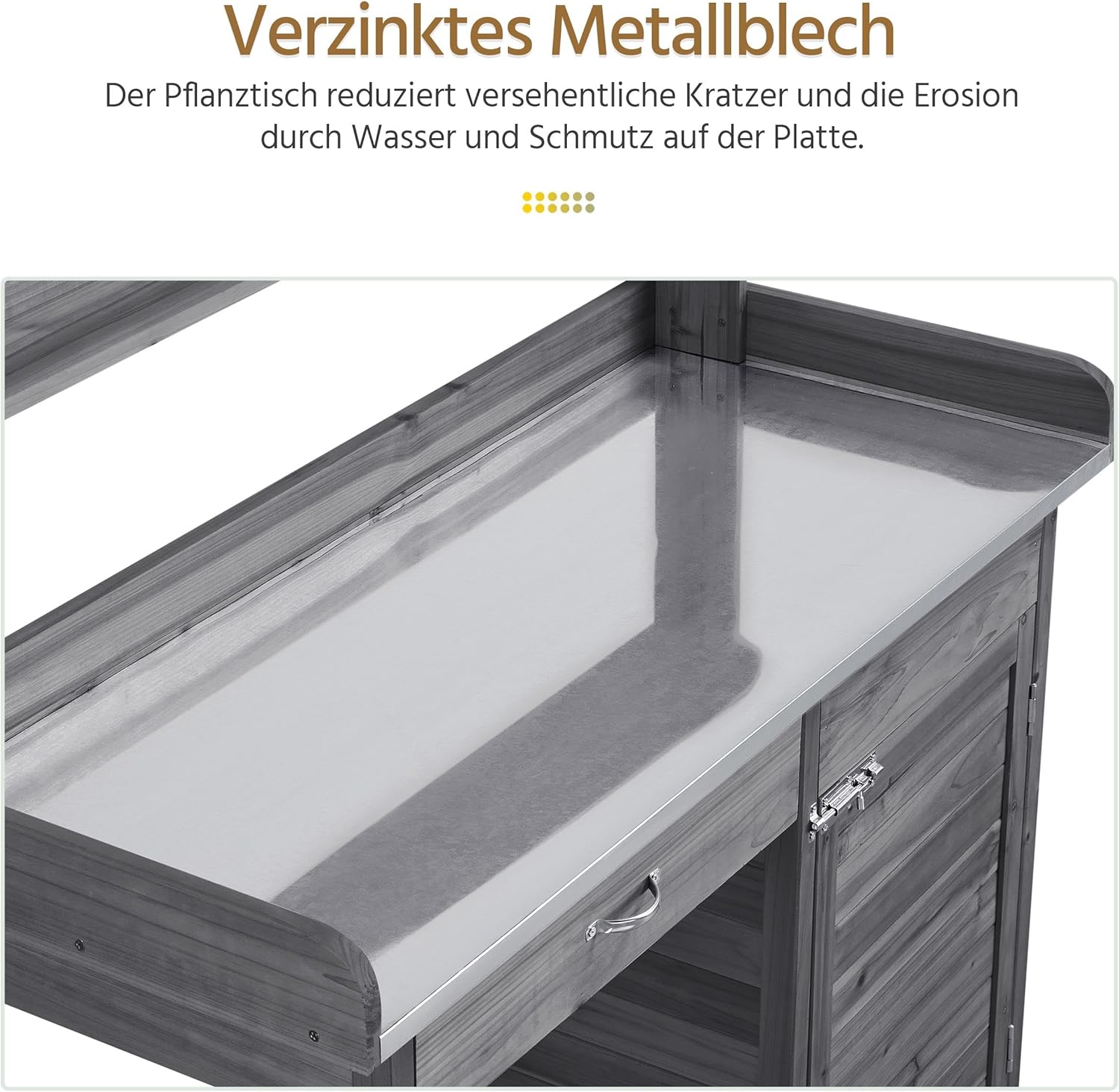 Yaheetech Pflanztisch mit verzinkter Arbeitsplatte, Wetterfest Gärtnertisch Blumentisch Holzpflanztisch mit Unterschrank, Ablagefläche und Schublade für den Garten/Terrasse/Balkon, Grau