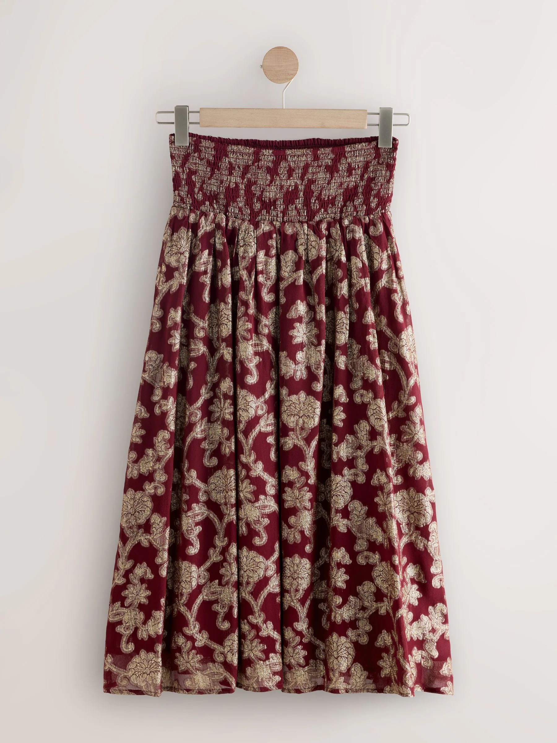 Bordeauxrood - Metallic Floral Midi Skirt