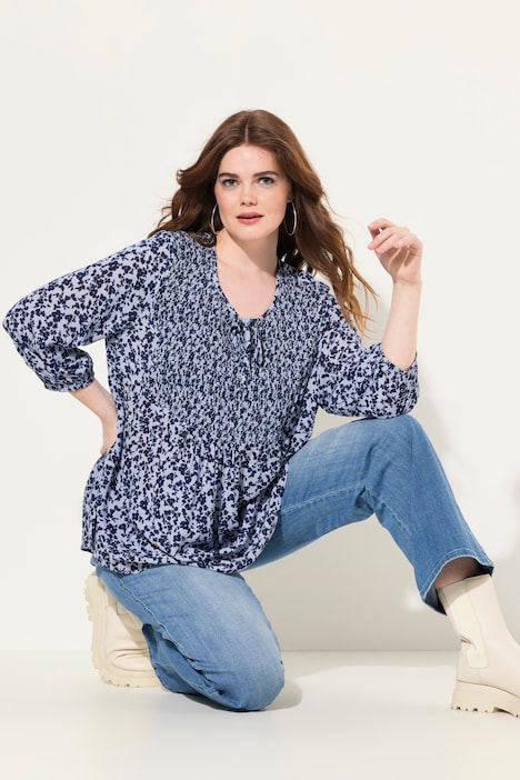 Smokbluse, Blüten, A-Linie, Rundhals, 3/4-Arm