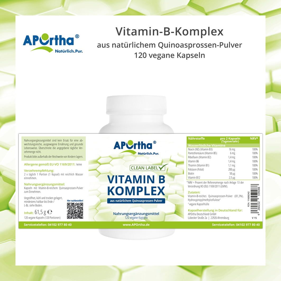 APOrtha® Vitamin-B-Komplex Kapseln aus natürlichem Quinoasprossen-Pulver