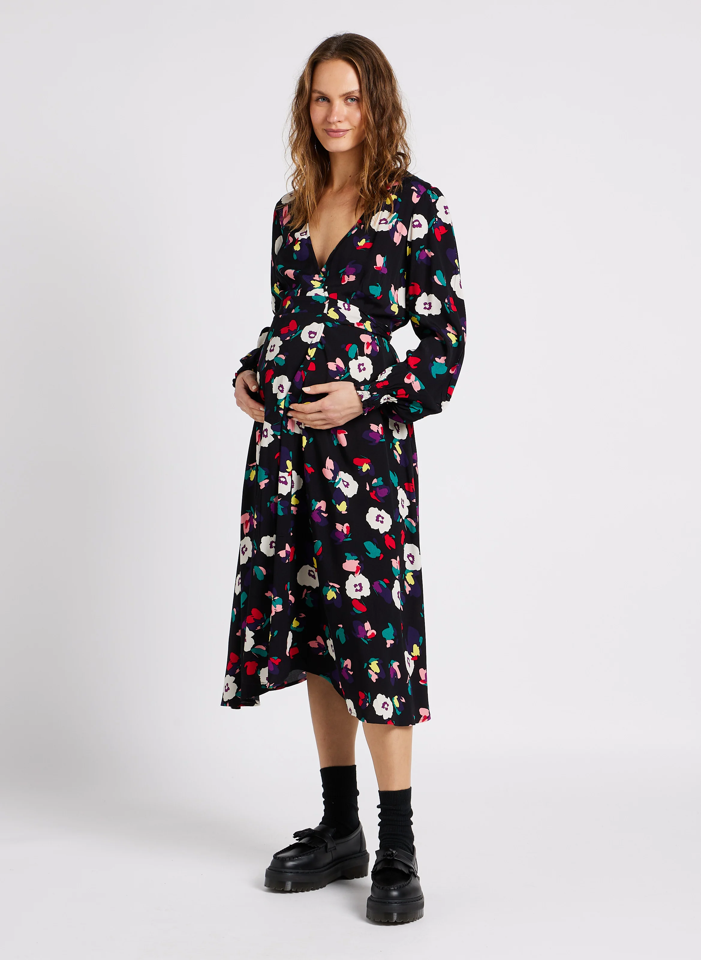 DARYL - Robe midi col V imprimée floral| Multicolore