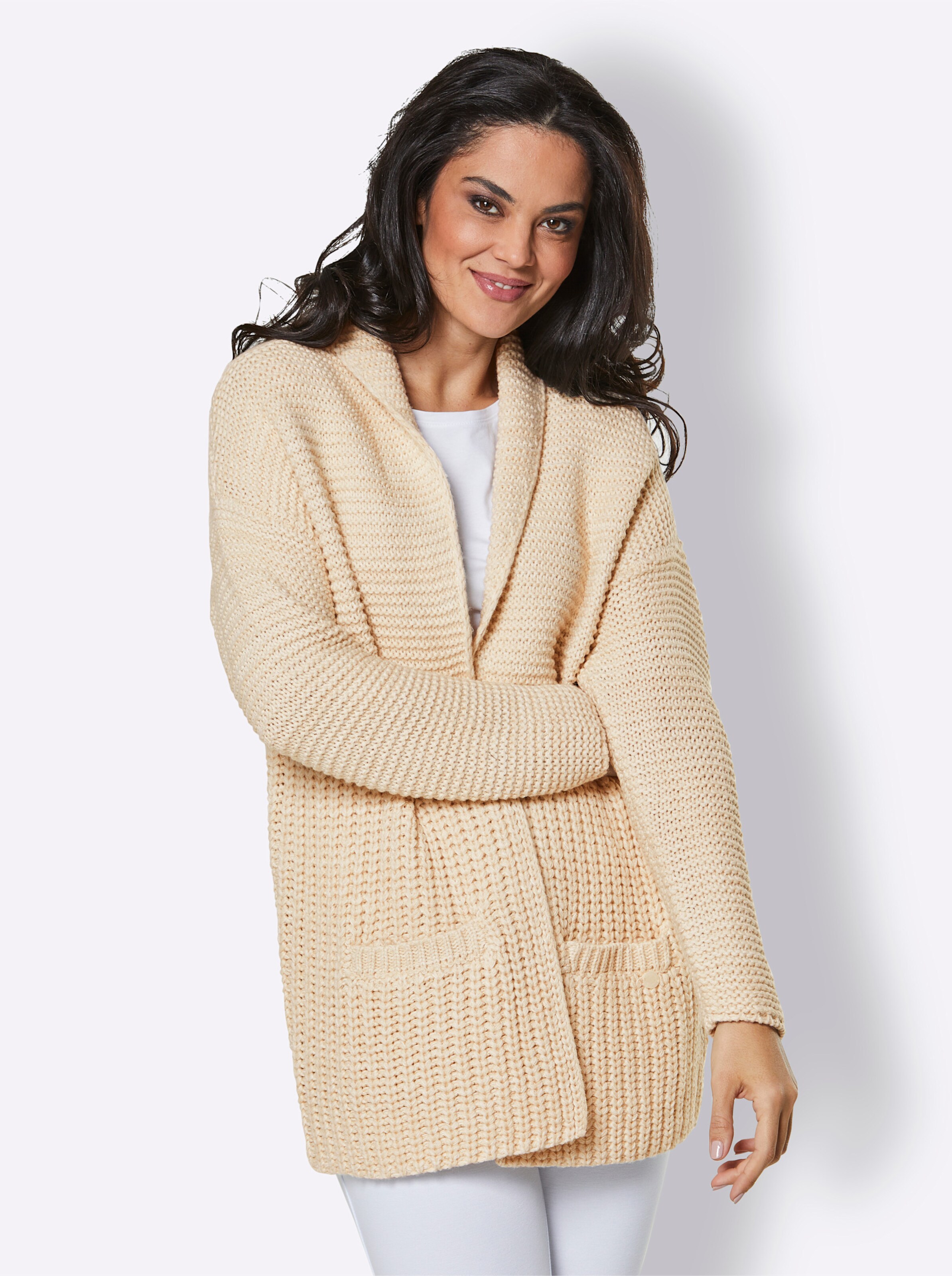 CREATION L PREMIUM Polyacryl-Merino-Strickjacke in elfenbein-champagner-meliert