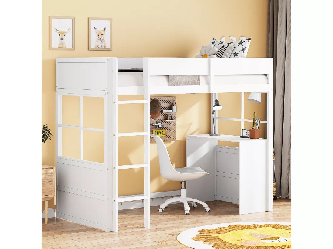Lit mezzanine 90 x 200 cm avec avec bureau & échelle - bois MDF - blanc (sans matelas)