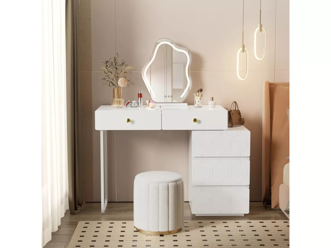 Coiffeuse avec 5 tiroirs et une porte - Sans miroir - 90 x 40 x 73,5 cm - Bois MDF - Blanc