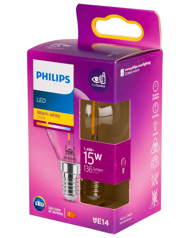 PHILIPS LED-filamentpære 2W E14 P45