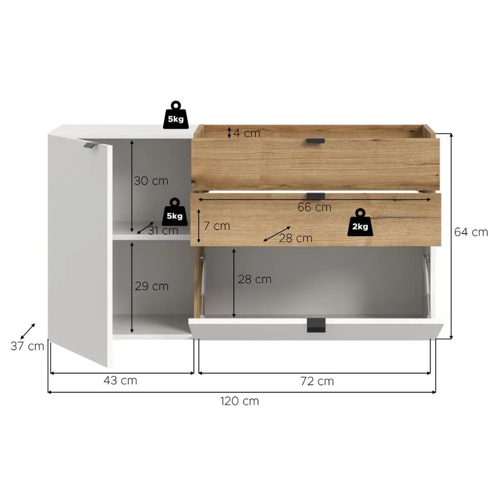 Hioshop Naro dressoir wandgemonteerd 1 deur- 1 vouwdeur- 1 plank- 2 lades wit