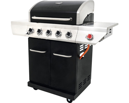 Nexgrill 5-pits gasbarbecue + zijbrander, zwart, inclusief opbergplank, dekselthermometer, geëmailleerde gietijzeren planchaplaat, vetopvangbak, grillpan, grillrooster, krachtige warmtezone, zijplank, warmhoudrek. Geëmailleerd gietijzeren grillrooste