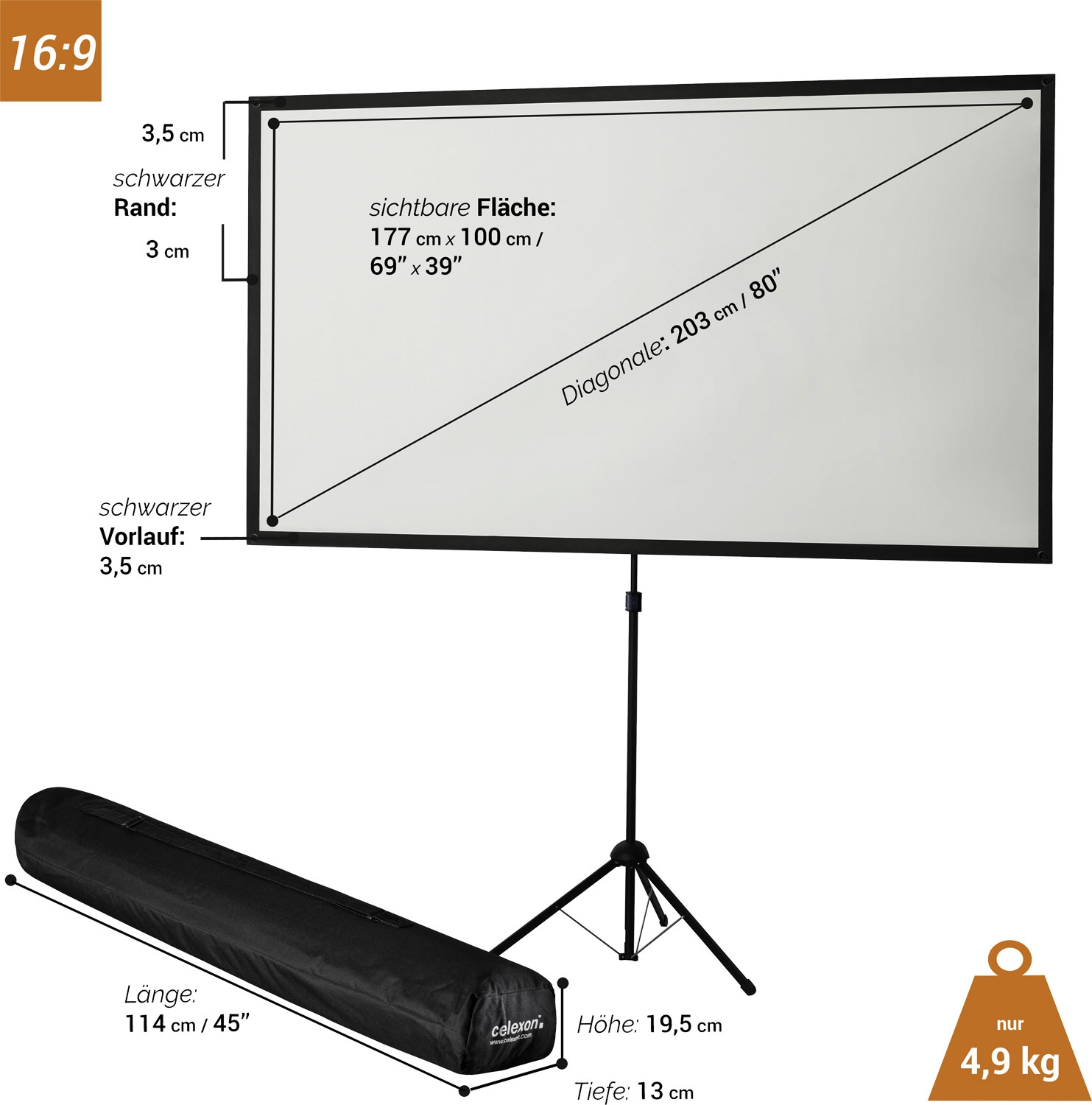 Celexon Ultra-lightweight Stativleinwand 177 x 100 cm
