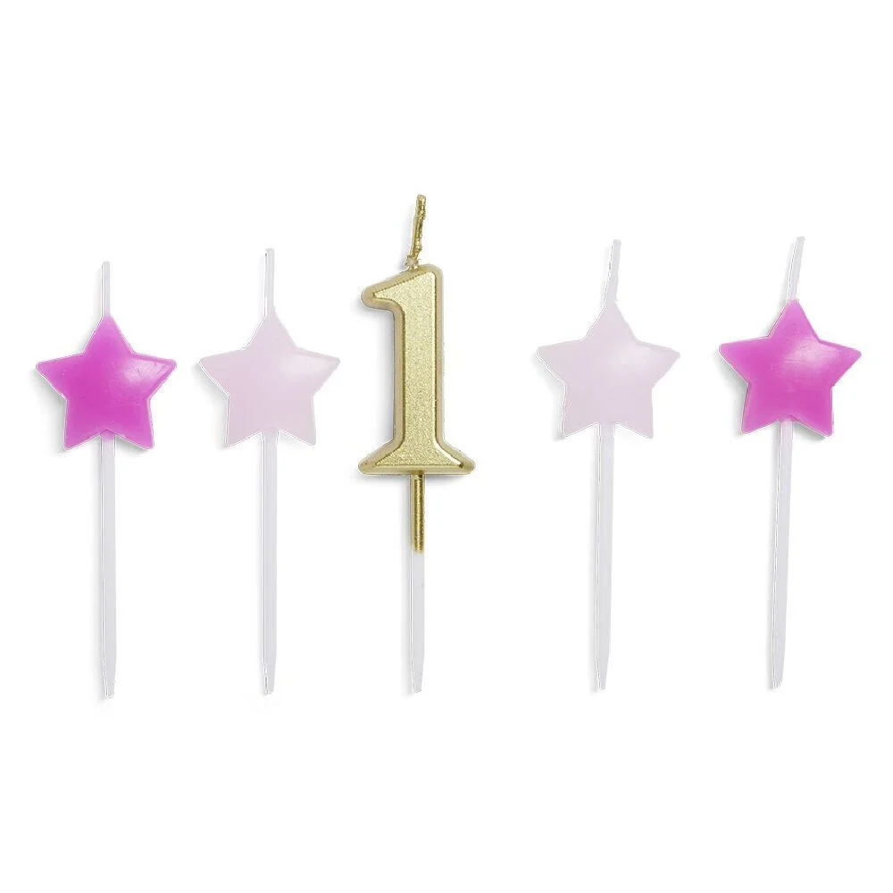 Bougie anniversaire chiffre 1 doré avec bougies étoiles roses