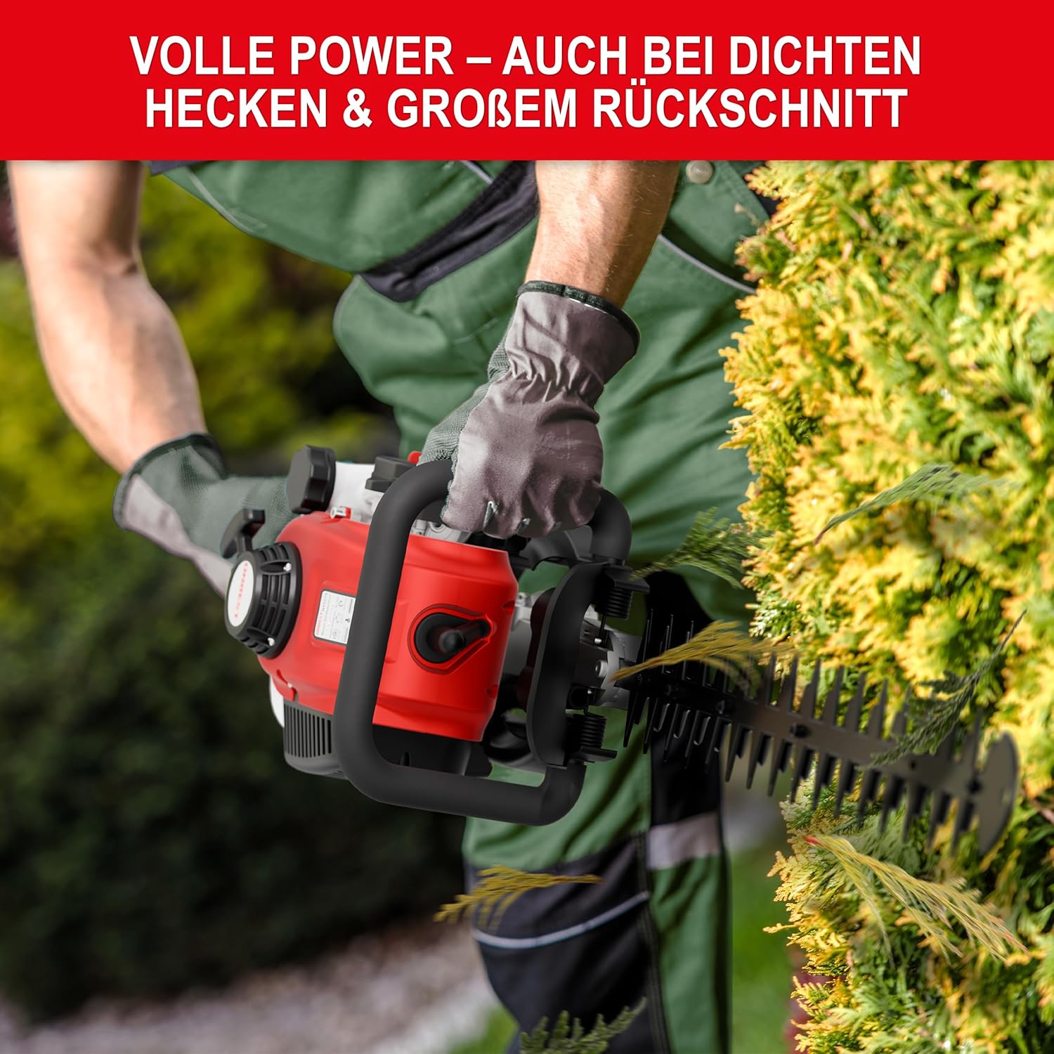 Benzin-Heckenschere mit Drehgriff und Anstoßschutz – 680 mm Schwertlänge, 620 mm Schnittlänge – 1,02 PS – leistungsstark, ergonomisch, präzise und sicher für exakte Heckenpflege