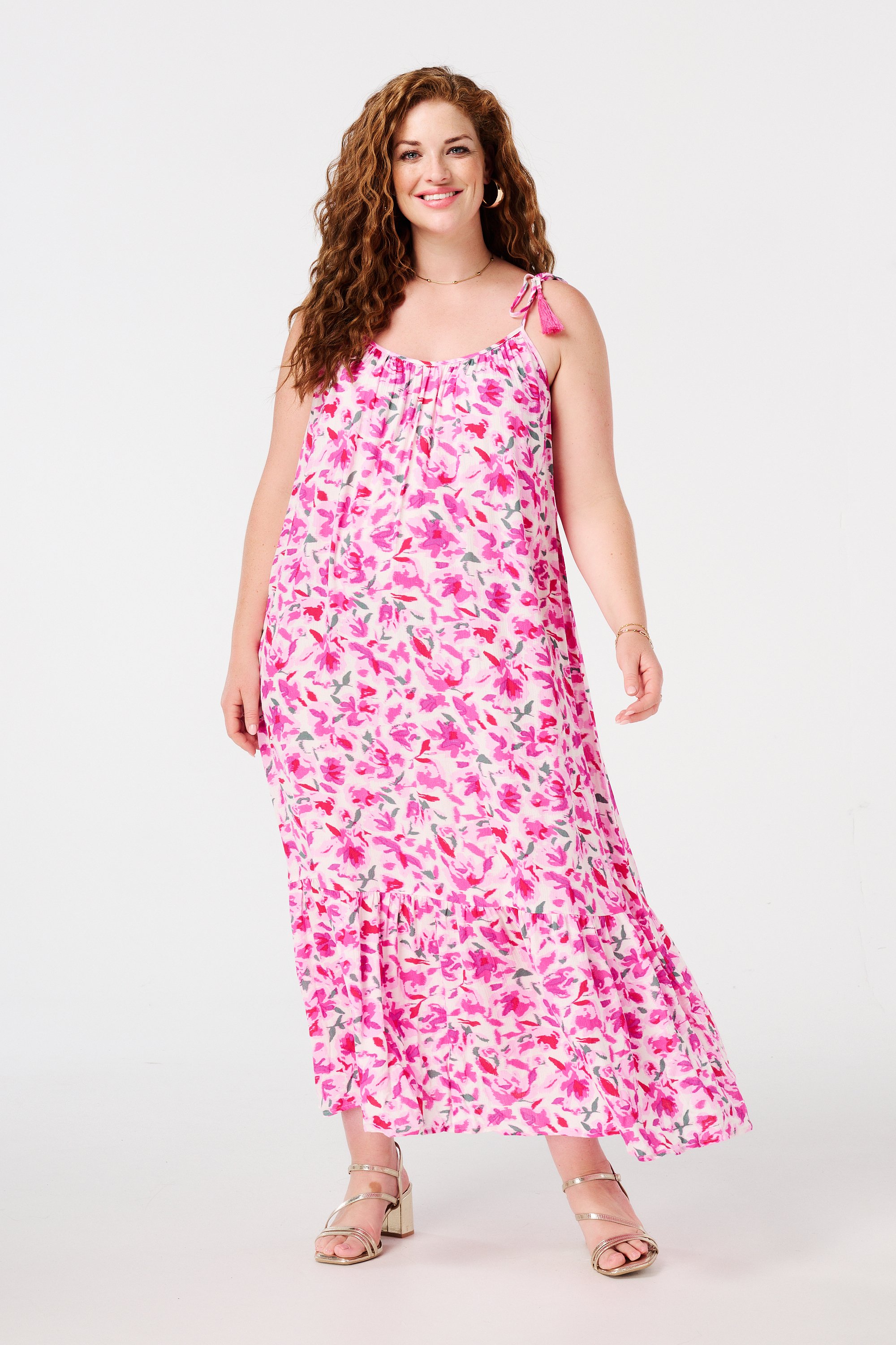 Maxi jurk met print en kwastjes Multi Pink