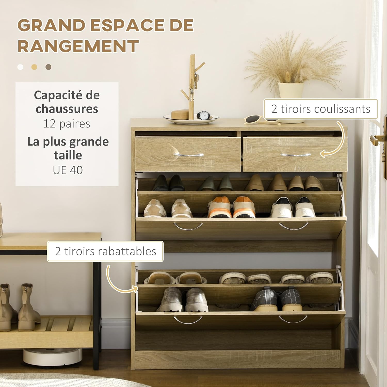 HOMCOM Meuble à Chaussures Armoire à Chaussures - 2 tiroirs et 2 Portes abattantes avec étagère réglable - 80 x 30 x 91,5 cm - poignées en Aluminium, Naturel IW8467791
