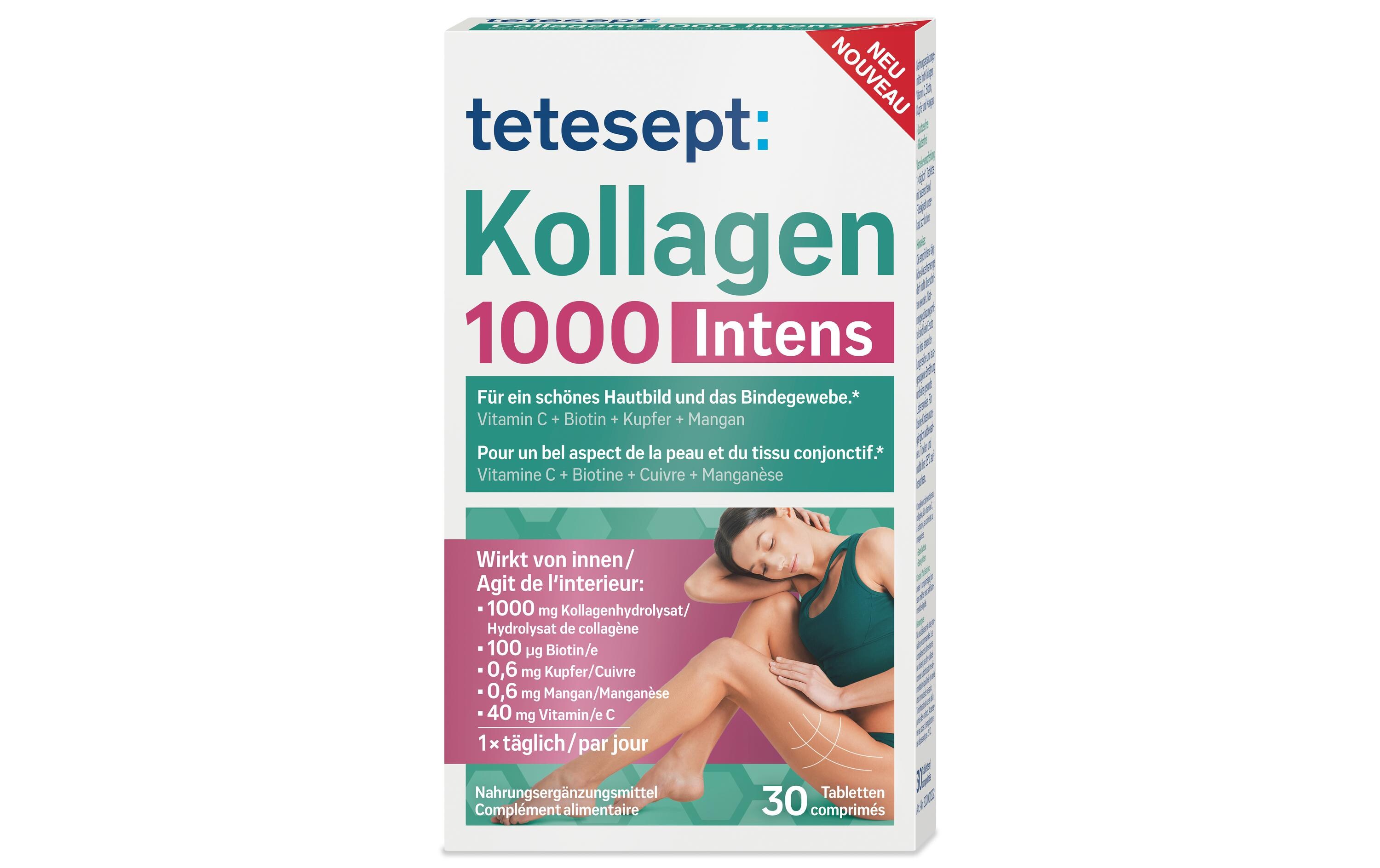 tetesept Kollagen 1000 Intens 30 TablettenNahrungsergänzungsmittel mit Kollagen, Vitamin C, Biotin, Kupfer und Mangan