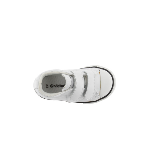 Tênis Victoria Tribu monocromático branco em couro sintético com fecho de velcro.