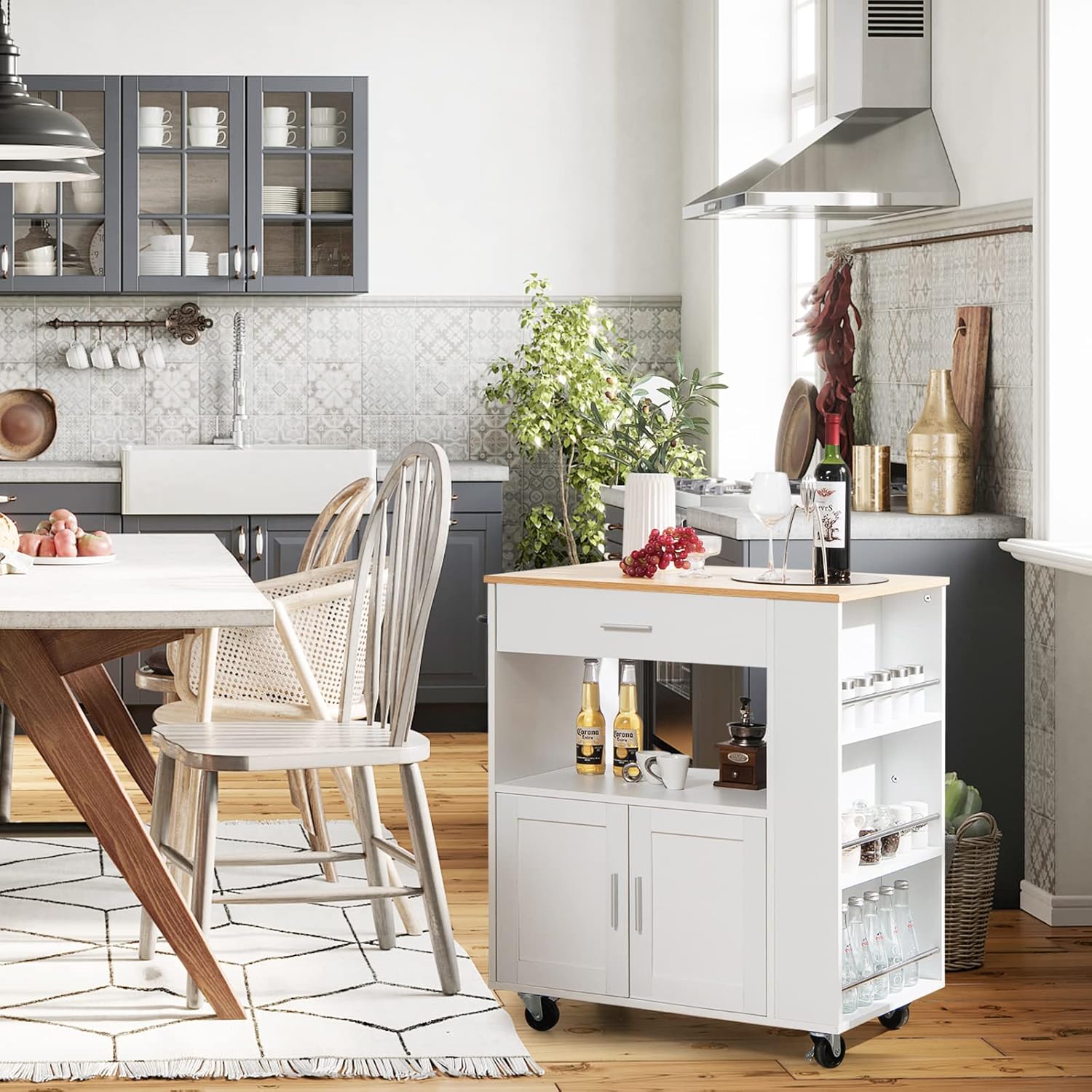 GIANTEX Desserte de Cuisine à roulettes, Chariot de Rangement avec Compartiment Ouvert pour Micro-Ondes, Tiroir, Placard avec 2 Portes, Porte-Épices à 3 Niveaux, Blanc IV5272882
