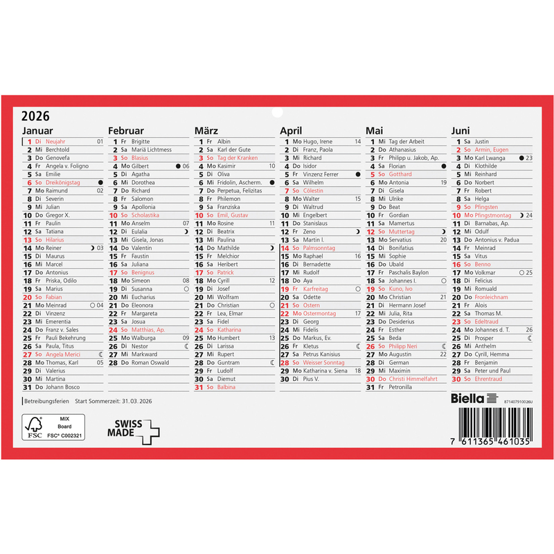 Biella Wandkalender 2026, 6 Monate / Seite