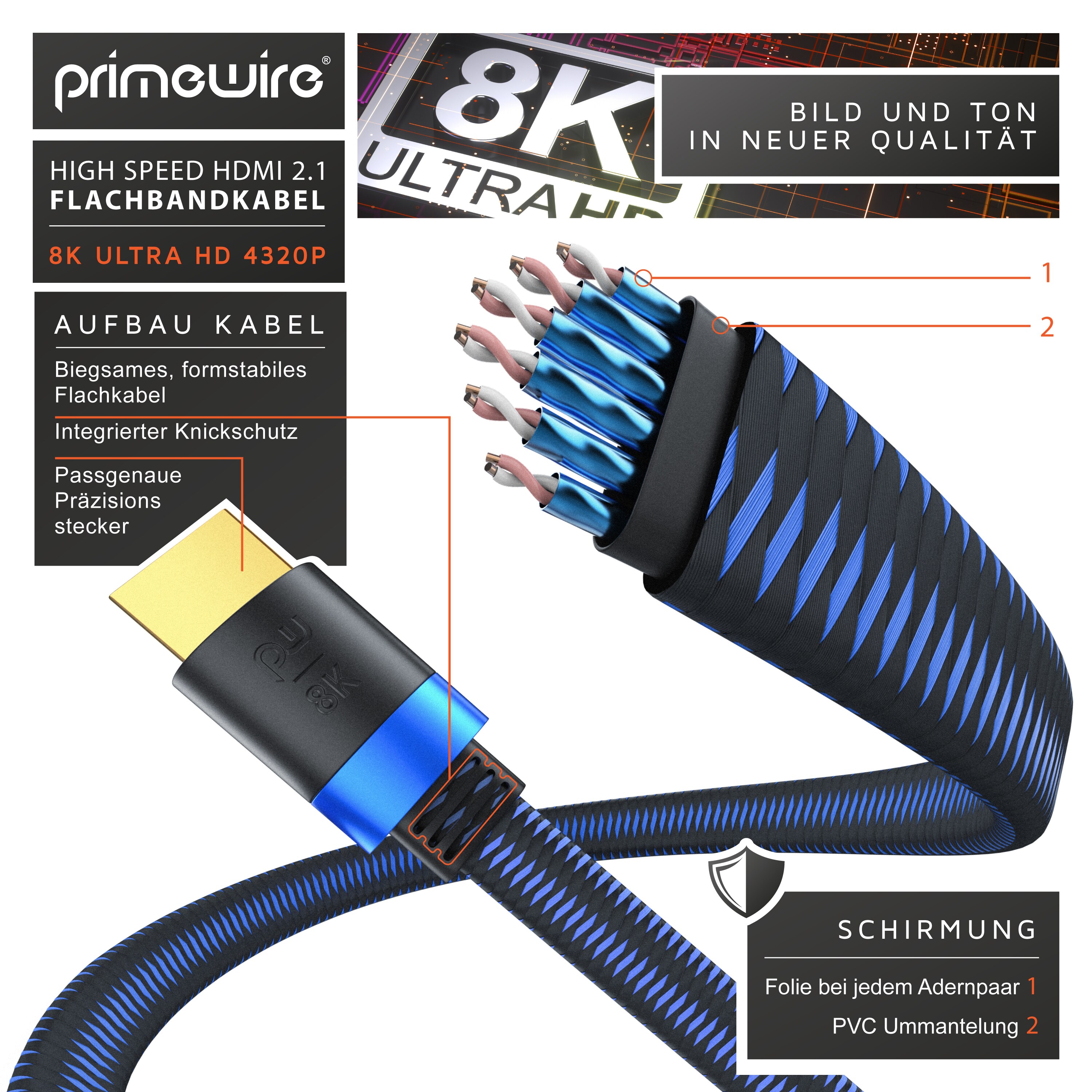 Primewire 8k HDMI Kabel 2.1 - Flachbandkabel Ultra High Speed II Ethernet, 8K UHD II, 3D TV, eARC, HDR10+ 120 Hz mit DSC, 7680 x 4320, Verlegekabel - 0,5m