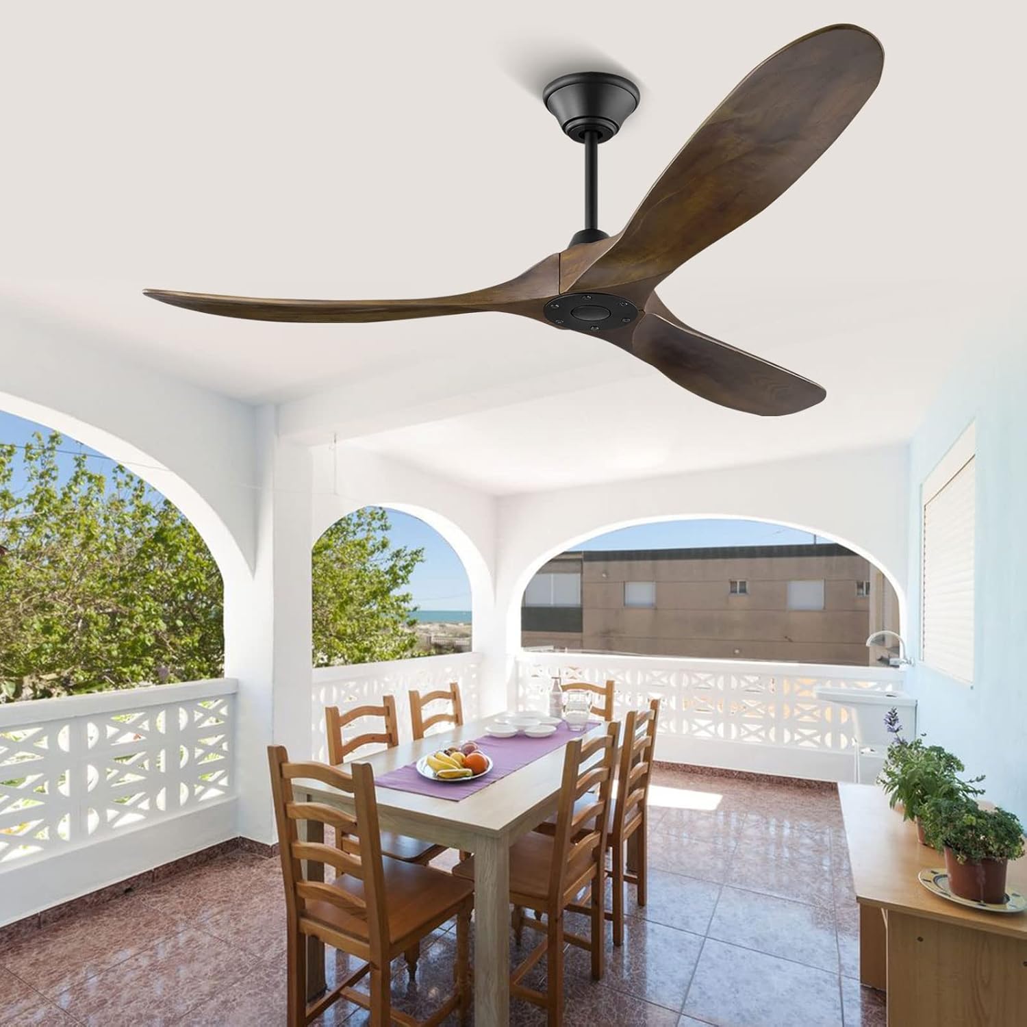 Deckenventilator ohne Beleuchtung mit Fernbedienung, 152cm Holz Retro Deckenventilator, Reversibler DC Motor Timing-Funktion für Schlafzimmer Wohnzimmer Bauernhaus Veranda