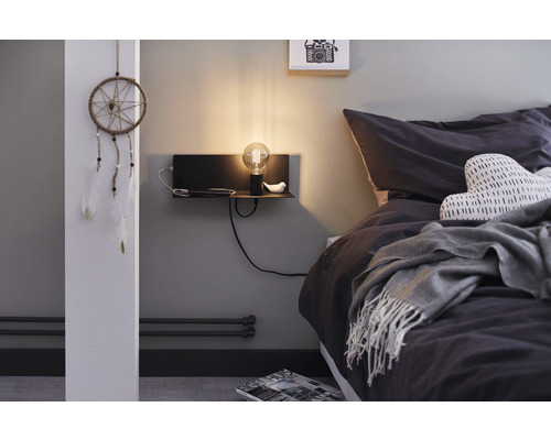 Wandlamp met plank + USB-aansluiting, 1-lamp, HxBxD 13x40x17 cm, Devara zwart met schakelaar