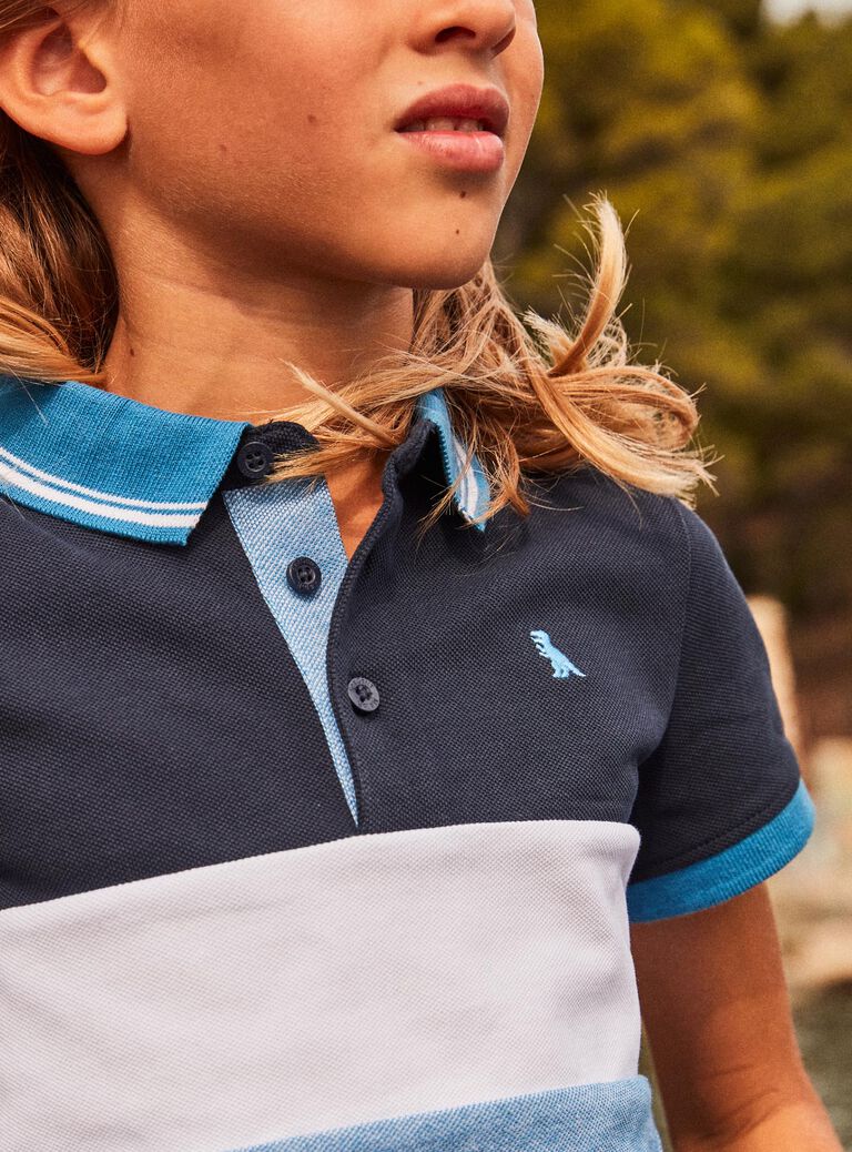 Polo tricolore à broderie dinosaure
