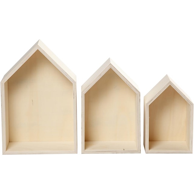 Oppbevaringskasser, hus, H: 20,3+25,3+31 cm, D: 10 cm, B: 13+16,2+20 cm, 3 stk./ 1 sett