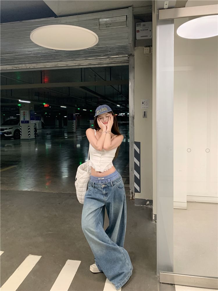 Rorah - High Waist Washed Wide Leg Jeans / Crop Top
