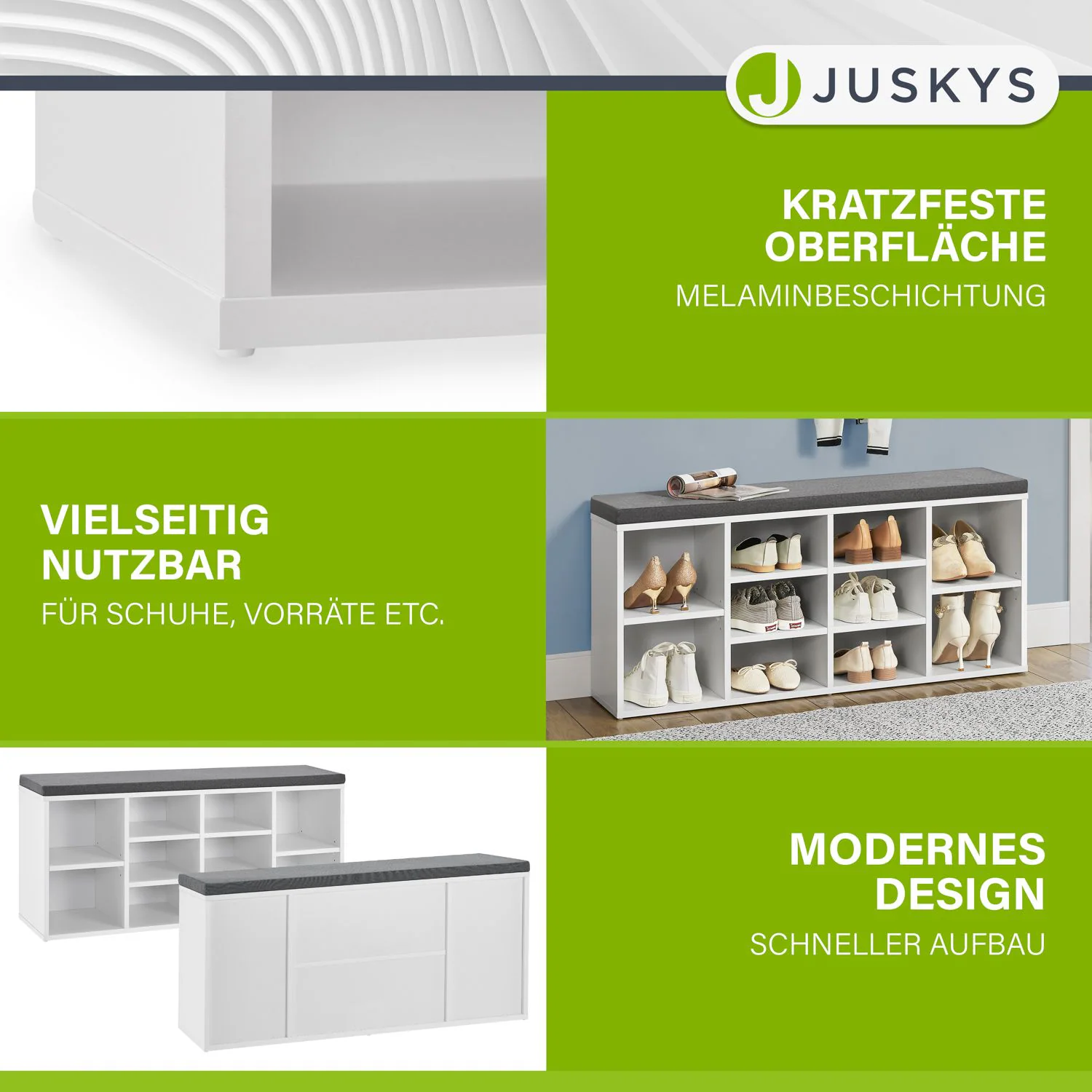 Juskys Schuhregal Holz mit Polsterung & 10 Fächern höhenverstellbar 104x30x48 cm bis 150 kg Weiß