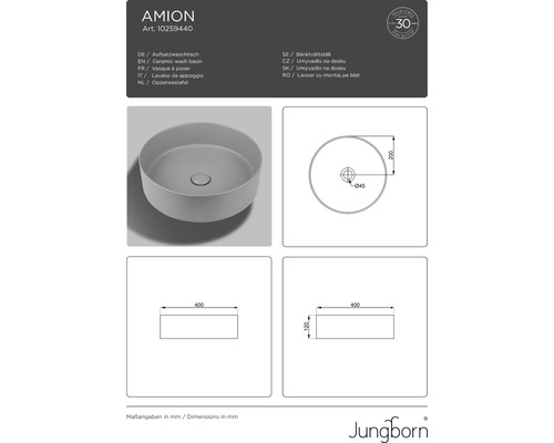 Jungborn AMION opzetwastafel 40 cm in matgrijs, inclusief keramische afvoerplug