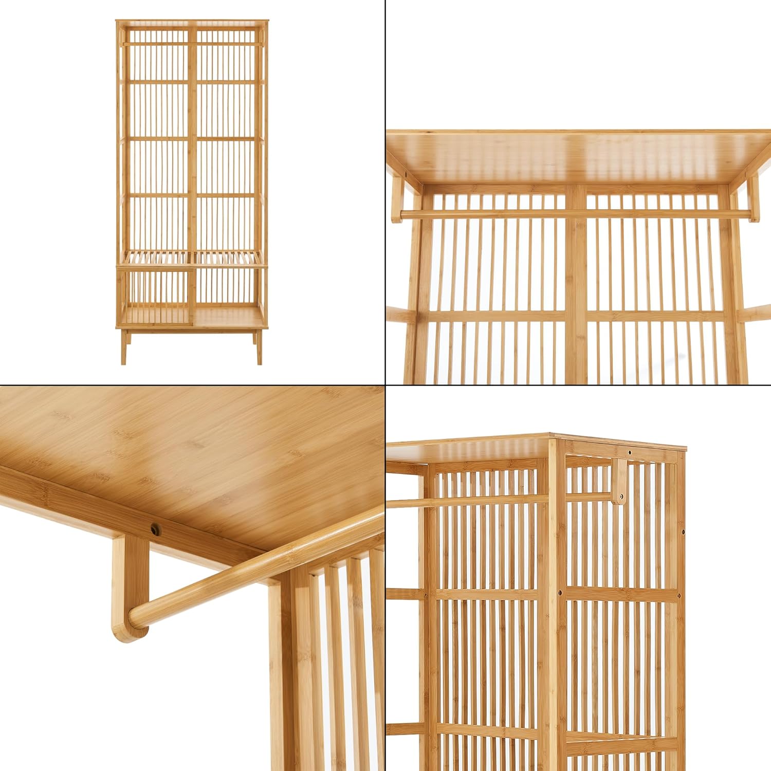 [en.casa] Garderobenset Trundholm + Vemb 185 x 240 x 45 cm aus Bambus 1 x Standregal mit 5 Ablagefächern und 2 x Garderobenständer für Flur Schlafzimmer Wohnzimmer