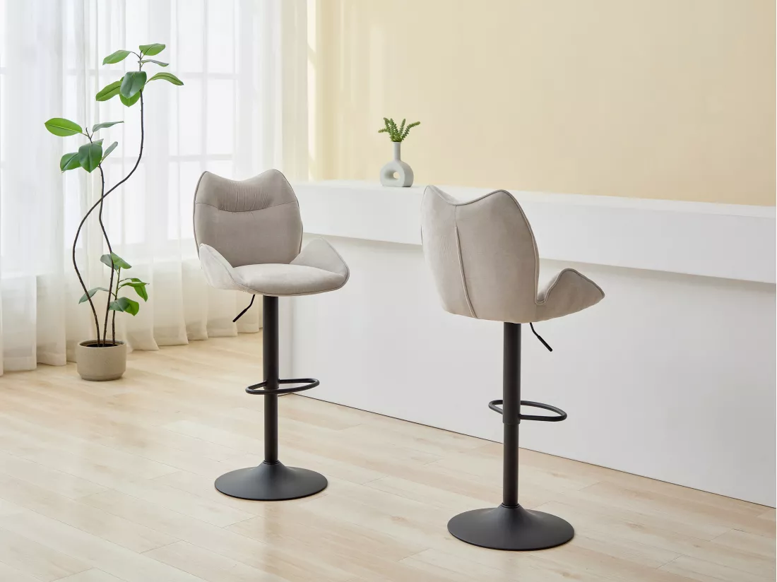 Lot de 2 tabourets de bar en tissu et métal noir - Hauteur réglable - Beige - LILAYA