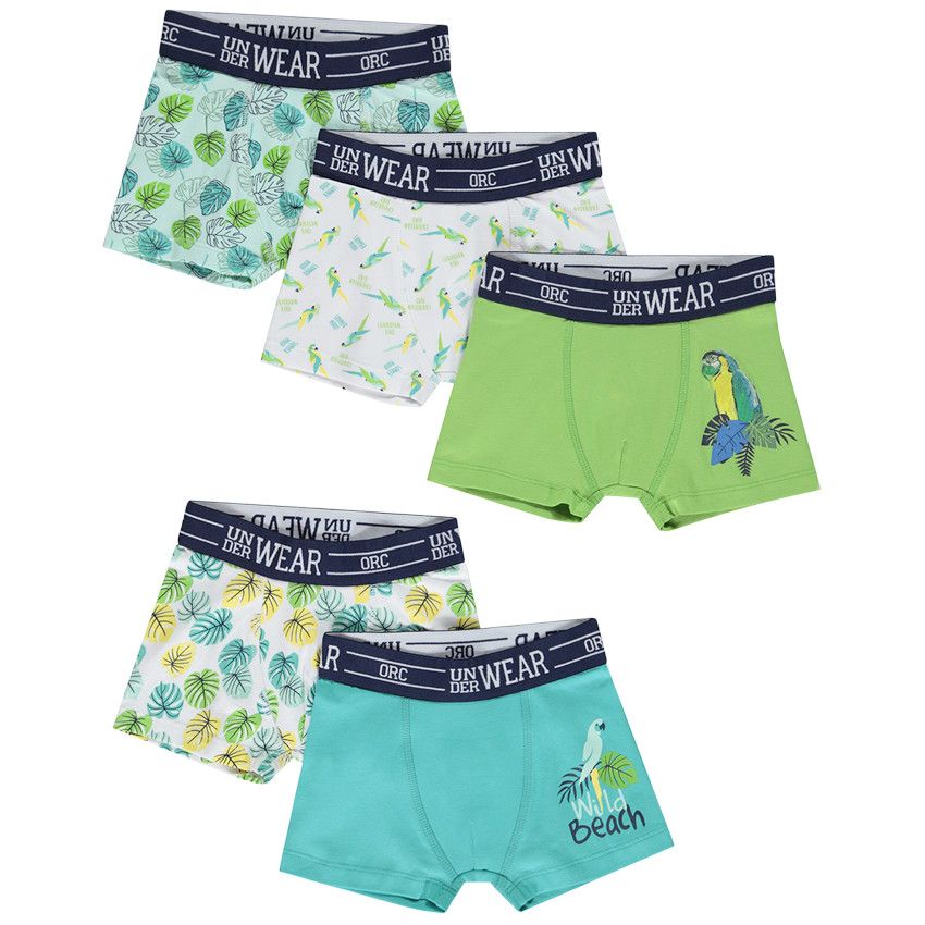 Lot de 5 boxers motifs Tropical Bird pour garçon - Vert