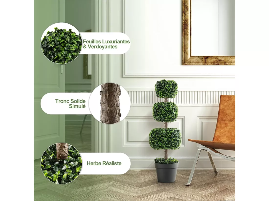 Arbre Topiaire en Buis Artificiel 75 cm de Forme Triple Carrée, Fausse Plante de Buis avec Pot en Plastique Rempli de Ciment, pour Décoration de Maison Bureau Jardin et Entrée