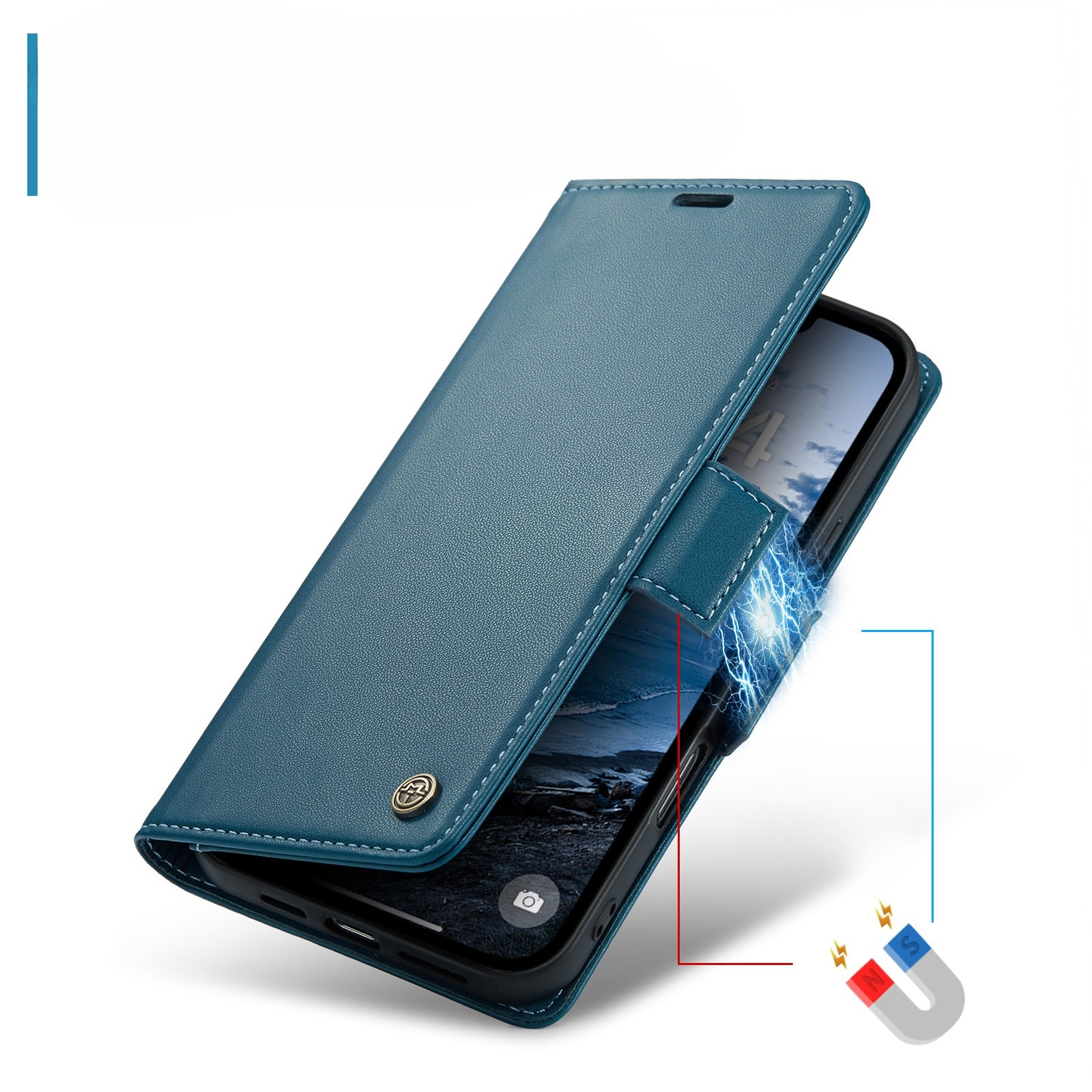 iPhone 17 Pro Leder Tasche Flip Wallet Etui mit Kartenfächern Litchi Look (RFID Schutz) - Blaugrün