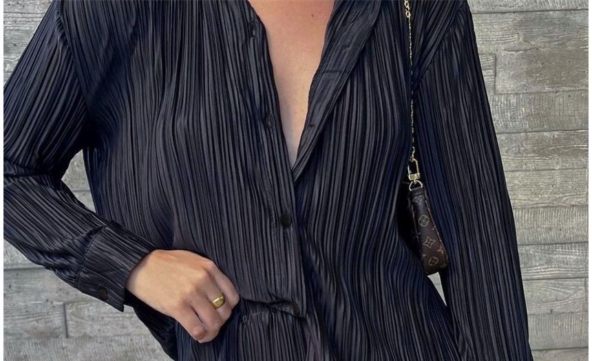 naocy.n - Set: effen gerimpeld overhemd met lange mouwen + wijde broek met elastische taille