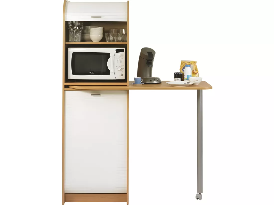 Table de Cuisine et Meuble Rangement 5 Niches - Coloris: Hêtre + rideau blanc