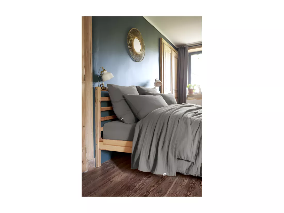 Drap plat 240 x 300 cm en double gaze de coton gris - PEPA