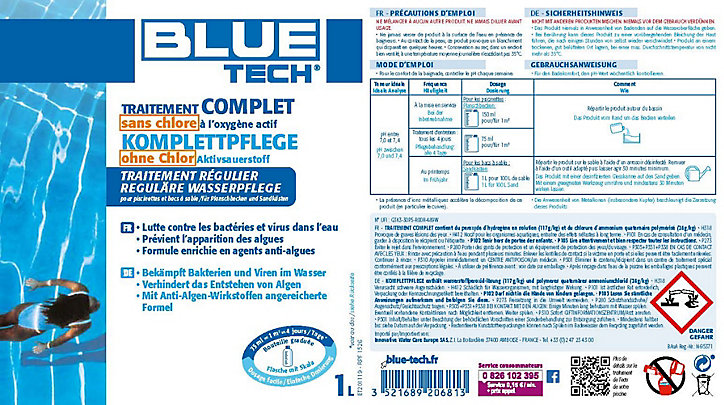 Traitement complet sans chlore à l'oxygène actif Blue Tech 1L