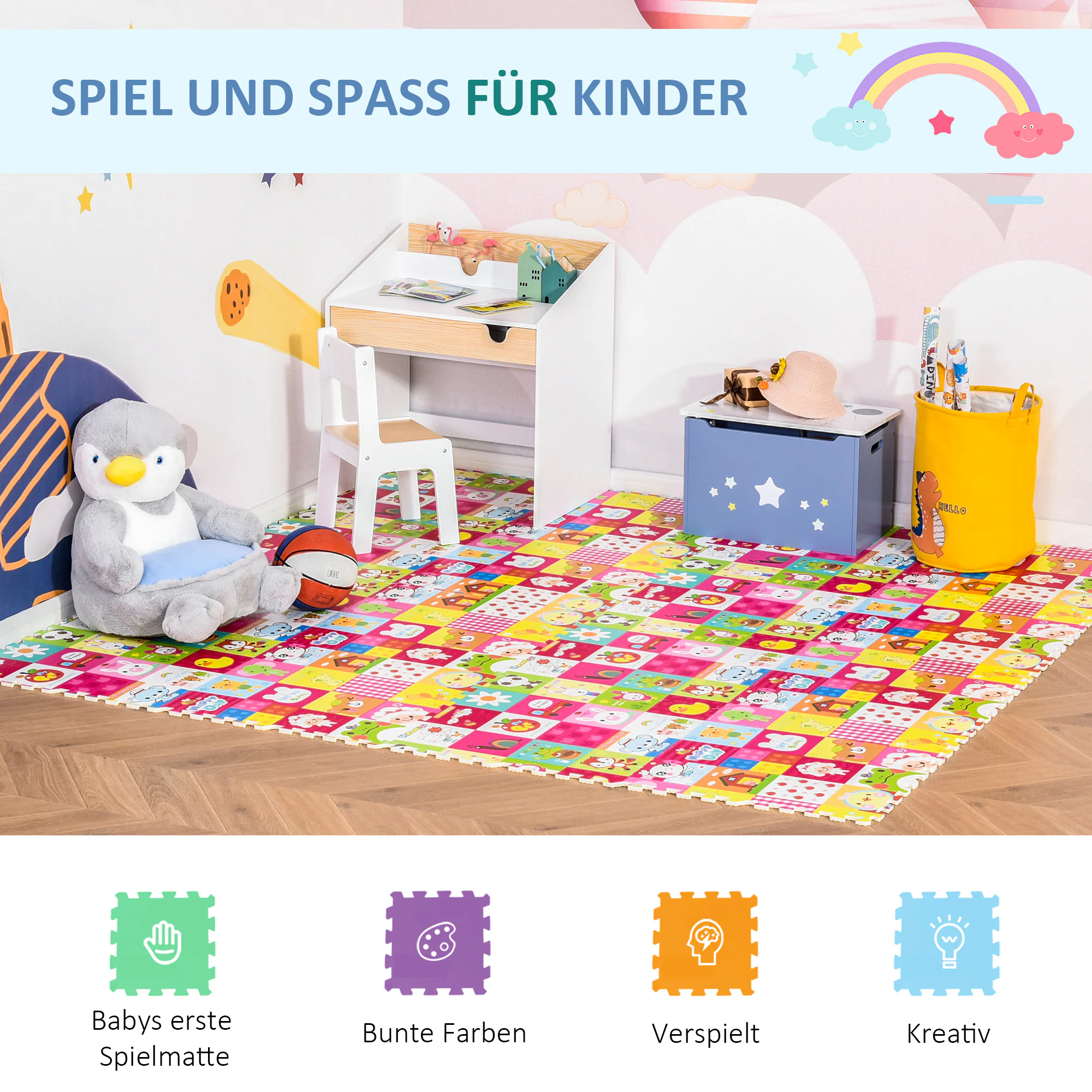 HOMCOM Puzzlematte 16-teilig mehrfarbig 61,5 x 61,5 x 1 cm (LxBxH)
