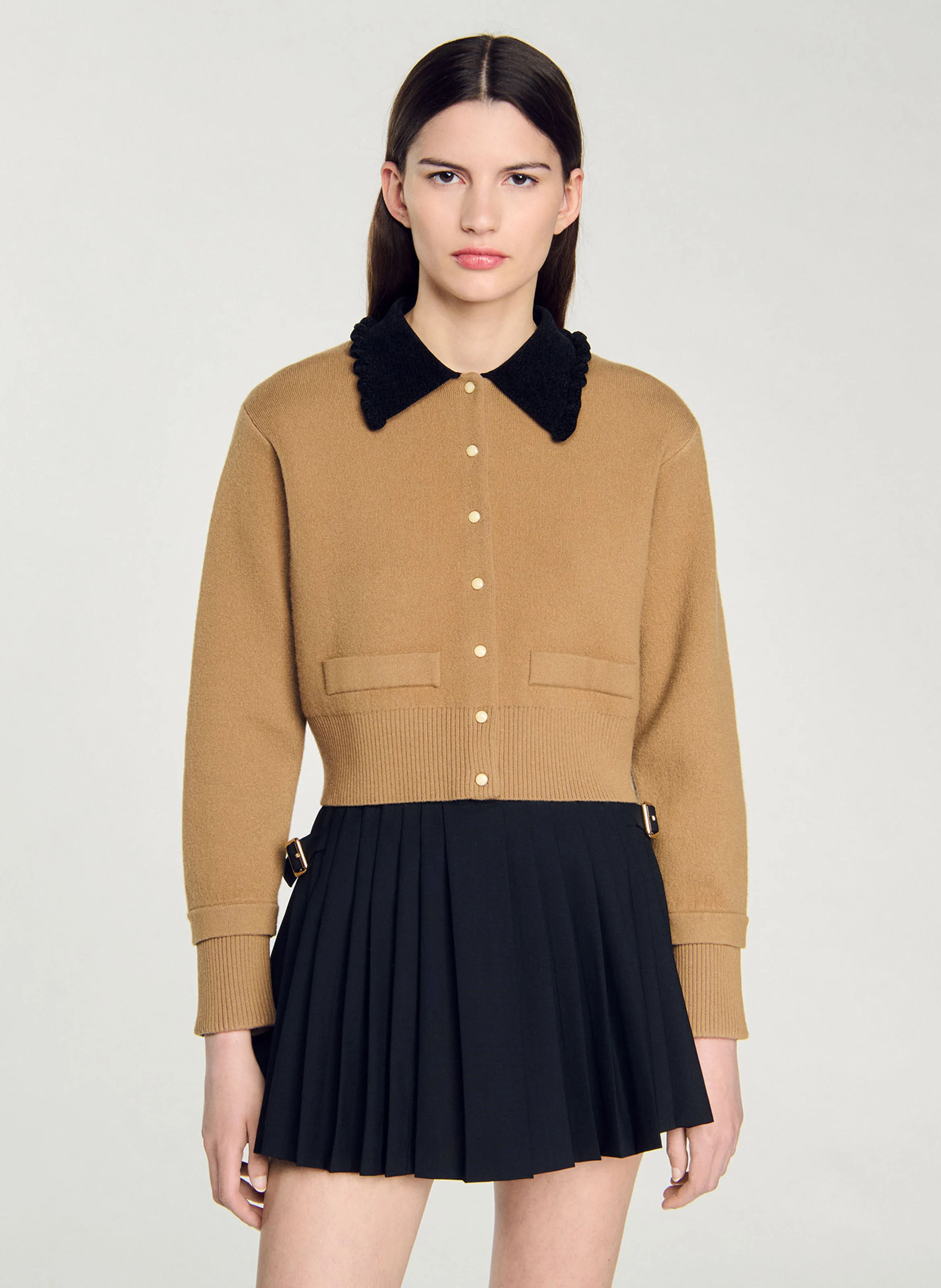 Cardigan cropped col chemise | Marron