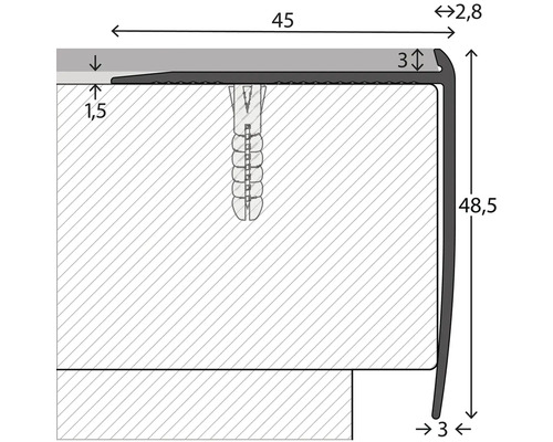 Aluminium traprandprofiel, zilver, 45 mm x 2,5 m