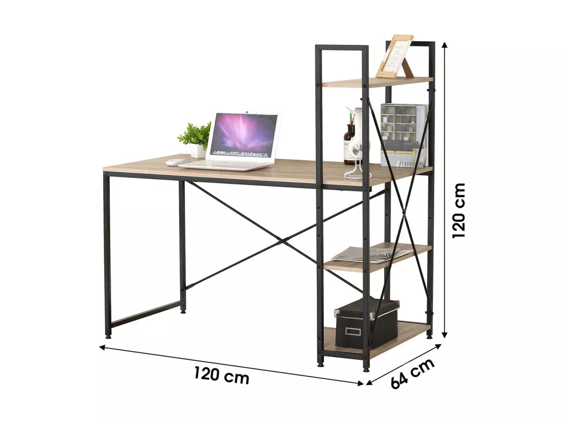 Bureau bois et métal HOLBORN avec étagères, coloris chêne et noir