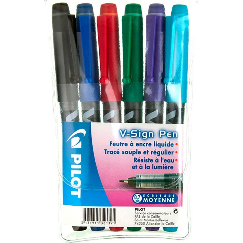 Stylo feutre Pilot V-Sign Pen écriture moyenne - Pochette de 6 couleurs fun