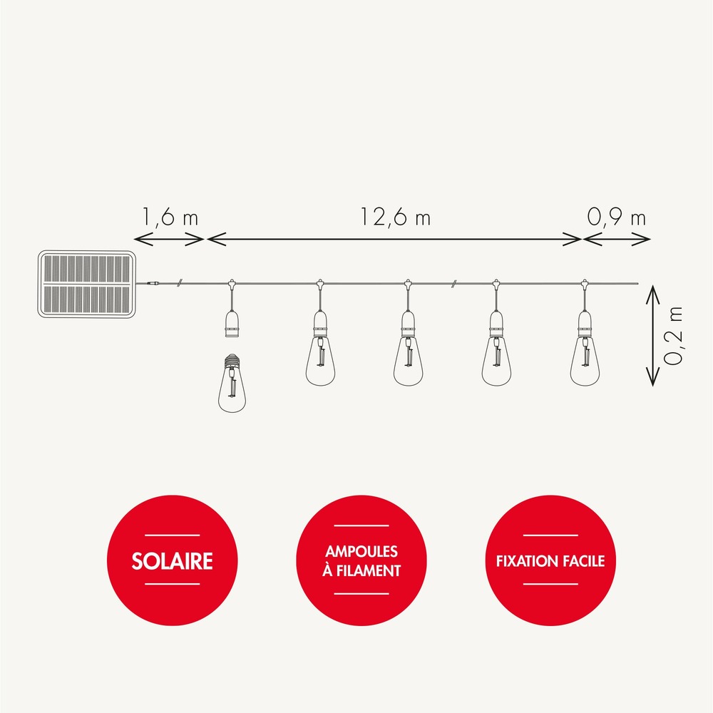 Guirlande guinguette jazz solaire - l12,600 15 led filament blanc chaud - 300 lumens - prolongeable - extérieur - chromex