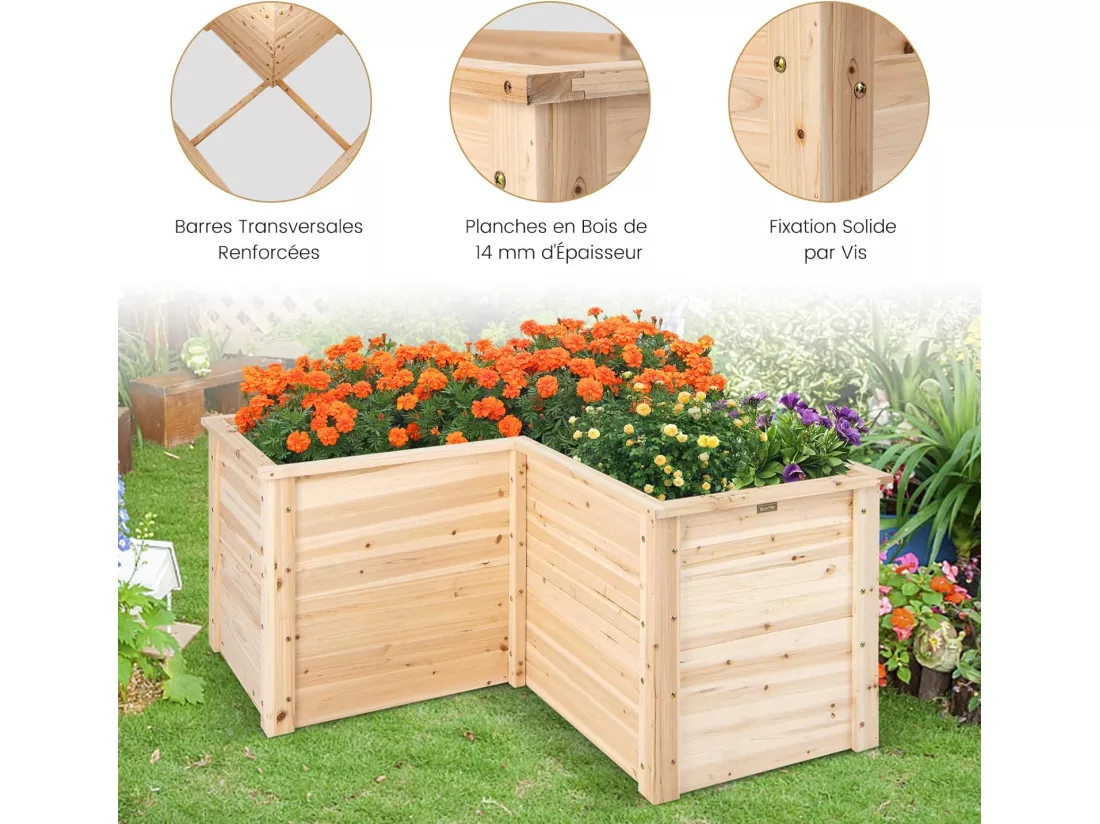 Carré Potager Jardinière en Bois de SaBois Base Ouverte en L, Jardinière Surélevée pour Légumes Fruits, pour Jardin Cour Pelouse, 120 x 120 x 62 cm