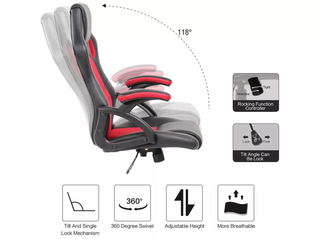 Chaise De Bureau Gaming Siège Noir Rouge Simili-cuir 120x66x63