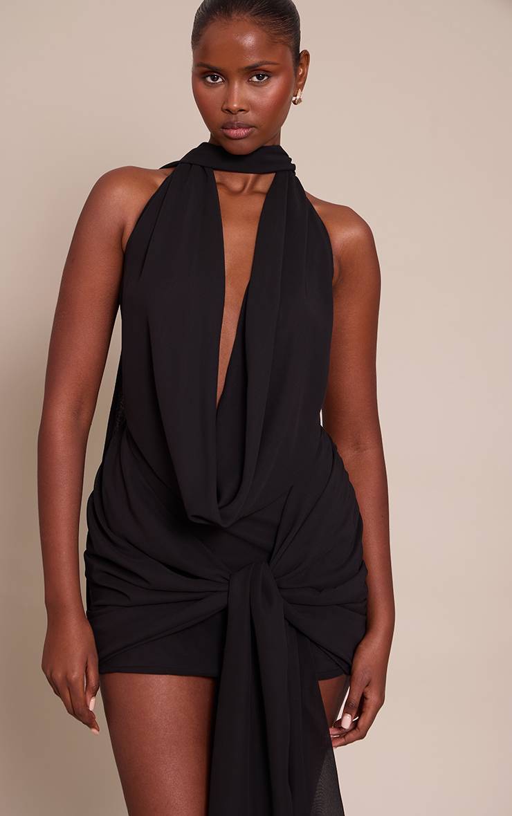 Noir Mini Robe Portefeuille Tissée À Col Licou